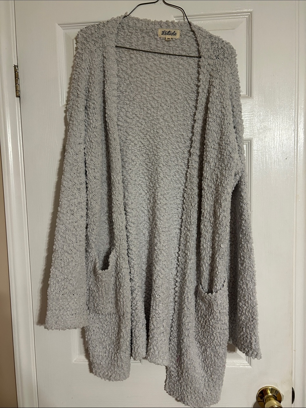 Listicle Light Gray Open-Front Popcorn Knit Cardigan